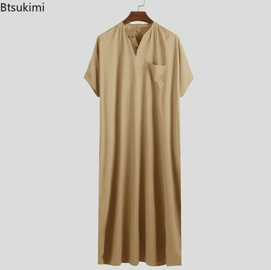 Plus Size 4XL 5XL Men's Muslim Abayas Jubba Thobe Solid Short Sleeve Loose Robes Middle East Arab Islamic Kaftan Muslim Clothing