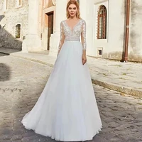 chenxiao a line wedding dresses bohemia v neck long sleeves back zipper lace ivory white appliques bridal gowns vestido de novia