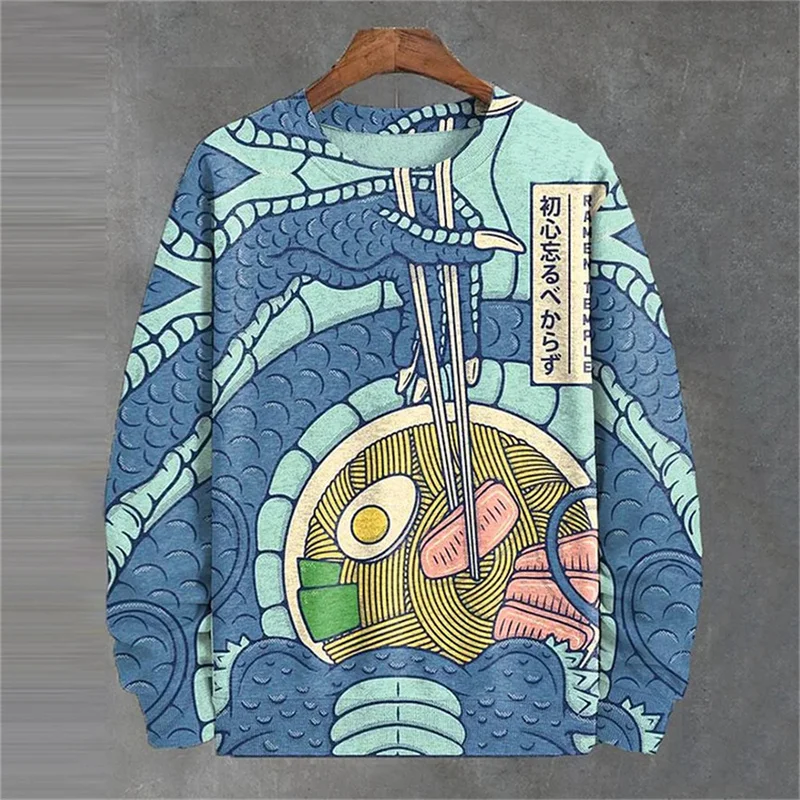 Фото Japanese Ukiyo-e Pattern Sweatshirts For Men Sea Wave Ramen 3D Printed Pullover Autumn Oversized O-Neck Hoodies Long Sleeves №2