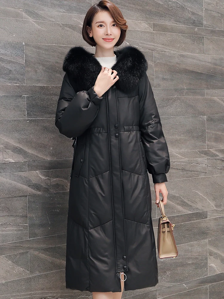 

Luxury brand Genuine Leather Jacket Women White Duck Down Coat Woman Fox Fur Collar Hooded Parkas Sheepskin Coats Ropa Mujer TN1