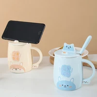 cute cartoon animal ceramic mug with lid personalized creative mobile phone holder office coffee milk tea mug couple water cup