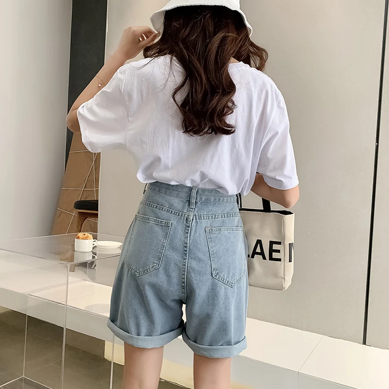 New Woman Wide Legs High Waist Blue Knee-lenght Denim Shorts Casual Female Loose Fit Jeans Vintage Ladies Bermuda Shorts