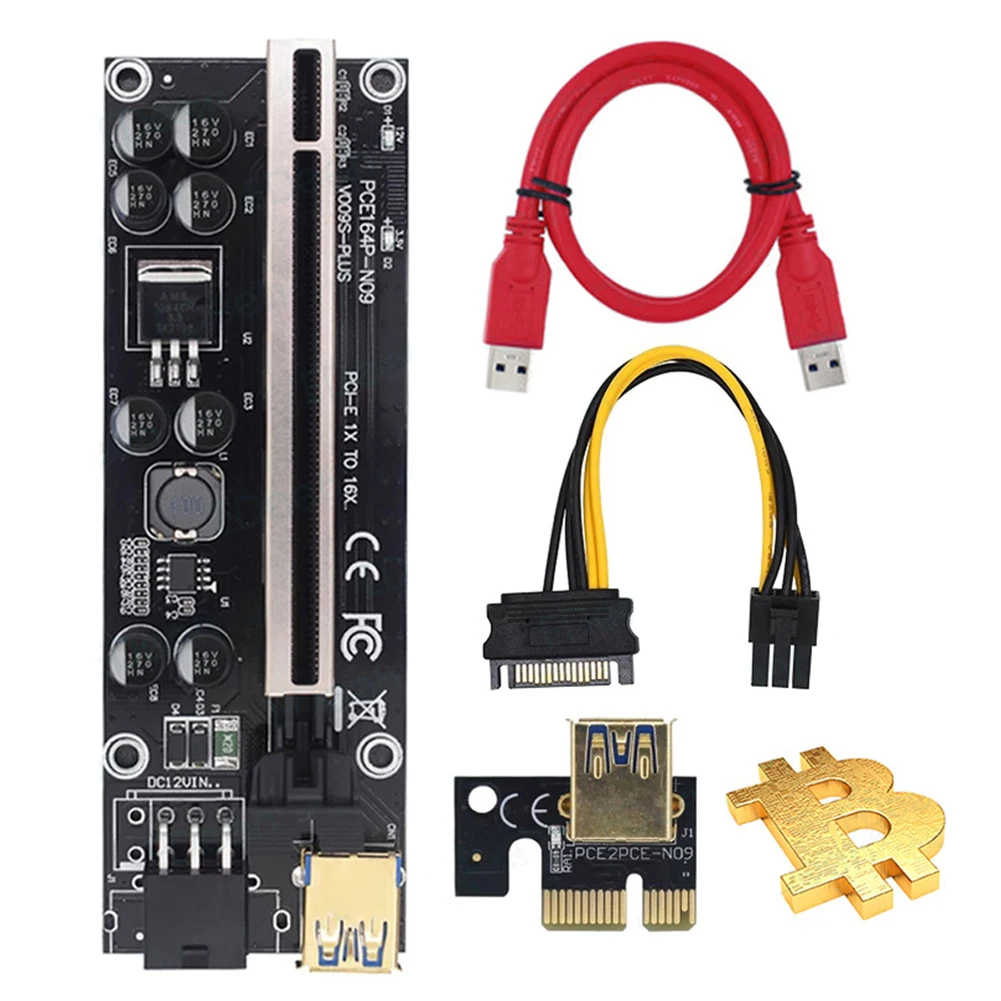 

PCIe Riser Ver 009S Plus PCI Riser 1x к 16X адаптер SATA 15Pin к 6Pin для видеокарты GPU BTC Майнер