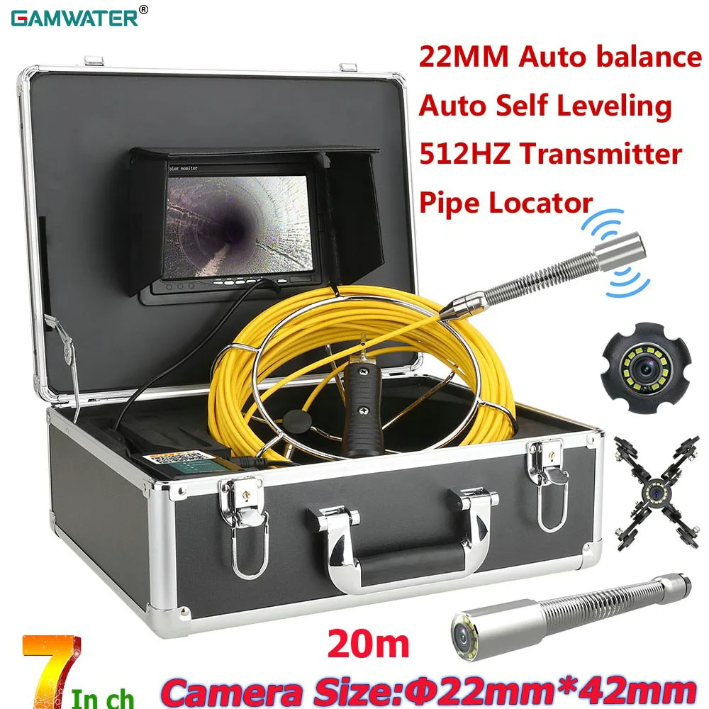

GAMWATER Sewer Pipe Inspection Video Camera Auto Balance Auto Self Leveling 512HZ Transmitter Pipe Locator 7" 1000TVL Endoscope
