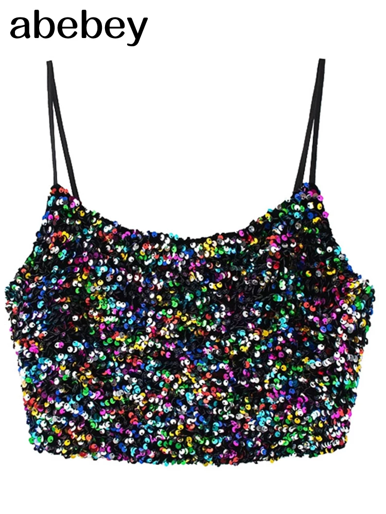 

Women Sexy Fashion Shinny Sequin Cropped Tank Tops Vintage Backless Thin Straps Female Camis Mujer