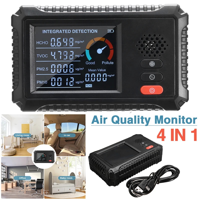

Digital LCD Air Quality Monitor CO2 HCHO TVOC PM2.5 PM10 Detector Tester Multifunctional 4 In1 Gas Analyzers Meter