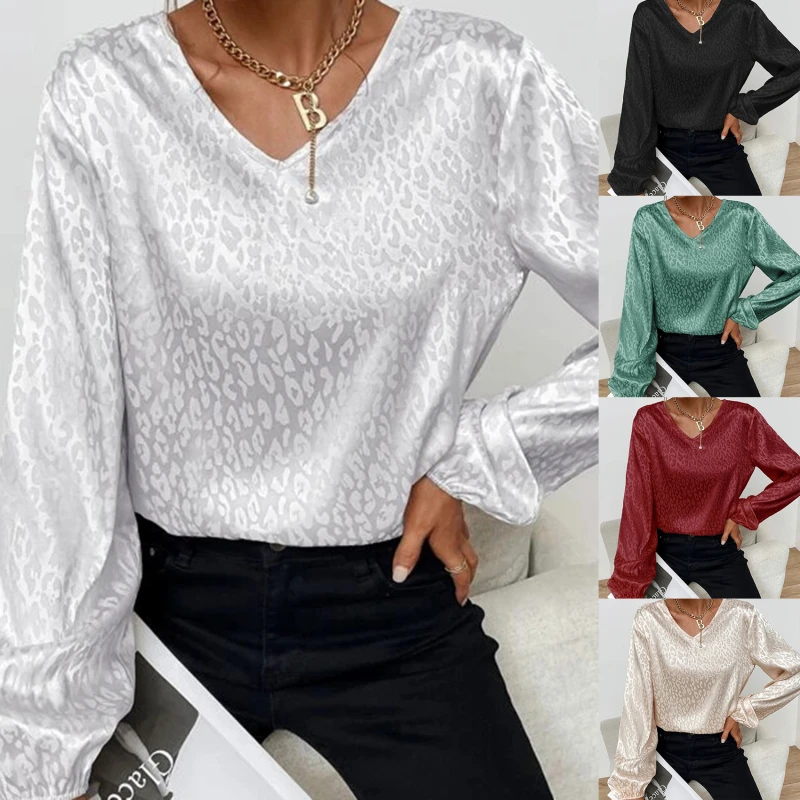 

Office Lady Leopard Printing Chiffon Shirt Spring Autumn 2022 V Neck Long Lantern Sleeve Loose Pullovers Blouse Women Clothing