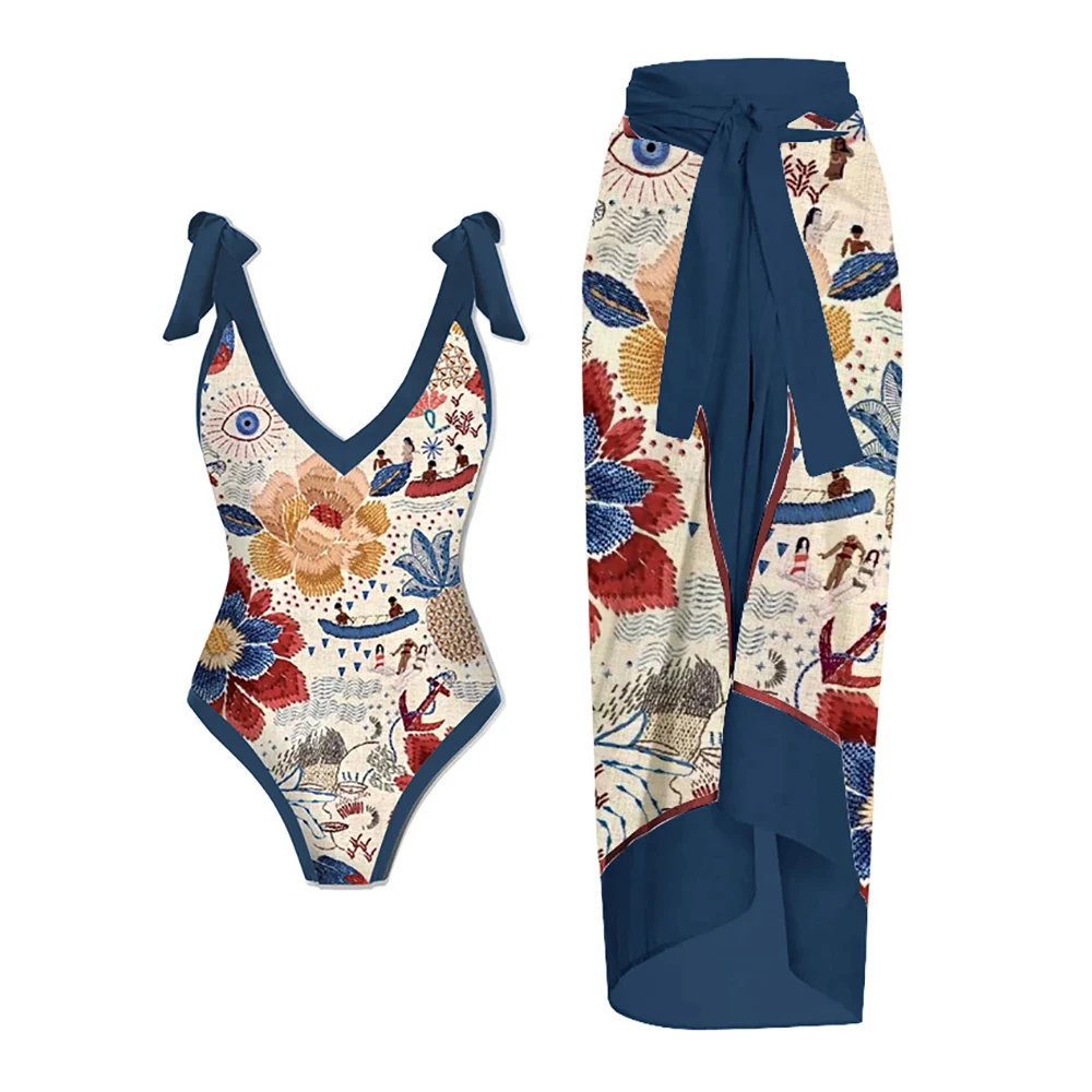 

2023 New Fashion Bikini Vintage Floral Geometric Print One Piece Swimsuit Sexy V-neck Summer Beachwear Bowknot Swimwear Backless
