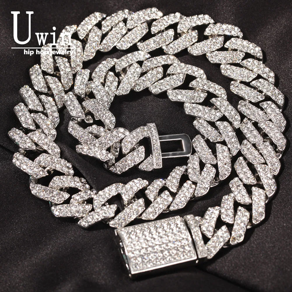 

UWIN 18mm Cuban Chain Miami Necklace/Bracelet Set Zinc Alloy For Men Iced Out Bling Rhinestones Hip Hop Jewelry Drop Shipping