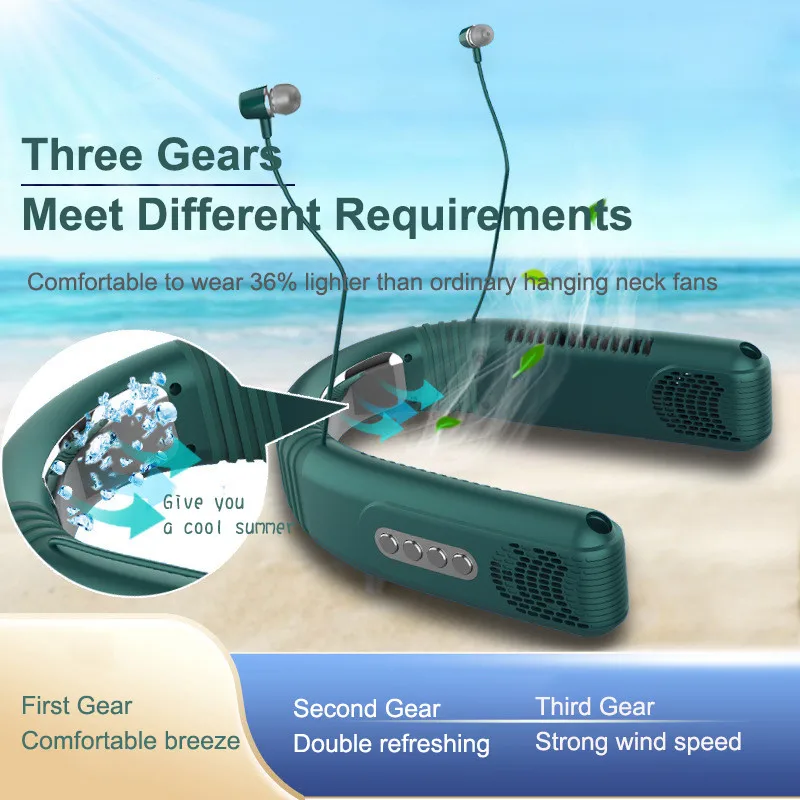 

2022 New Cooling Lazy Wireless Usb Hanging Neck Fan With Bluetooth Headset Removable Outdoor Silent Small Air Conditioning Fan