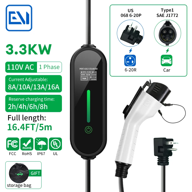 

EV Portable Charger fast Type1 SAE J1772 Charger Wallbox 3.3KW 16A 5M Cable Adjustable Current For Various Electric Vehicles