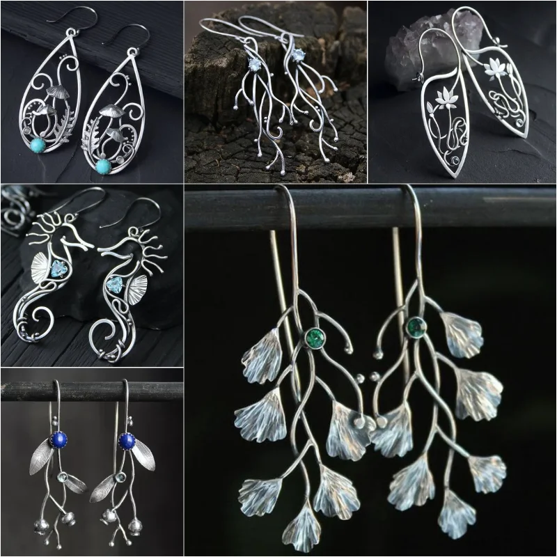 

Vintage Blue Stone Branch Leaves Dangle Hook Earrings For Women Fashion Jewelry Ethnic Tribal Statement Drop Earring Accessories