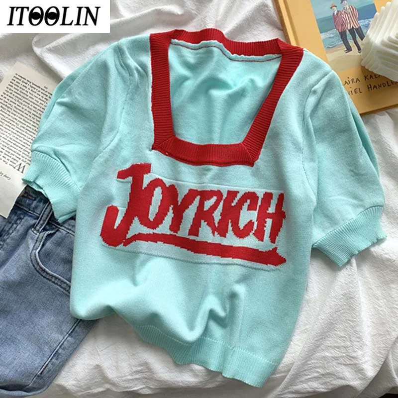 

ITOOLIN Women Knitting Tops Summer Fashion Square Collar Sweet Short T-Shirt High Street Letter Print Blue Slim Tops Women