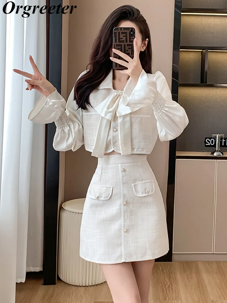 

Fall New Two Piece Set Women Outfits Tweed Patchwork Flare sleeve Satin Shirt and Woolen A-line Skirt Suits ensembles de jupes