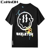 cnhnoh spring and summer new smiley printed short sleeved t shirt mens street hip hop half sleeved couples wear