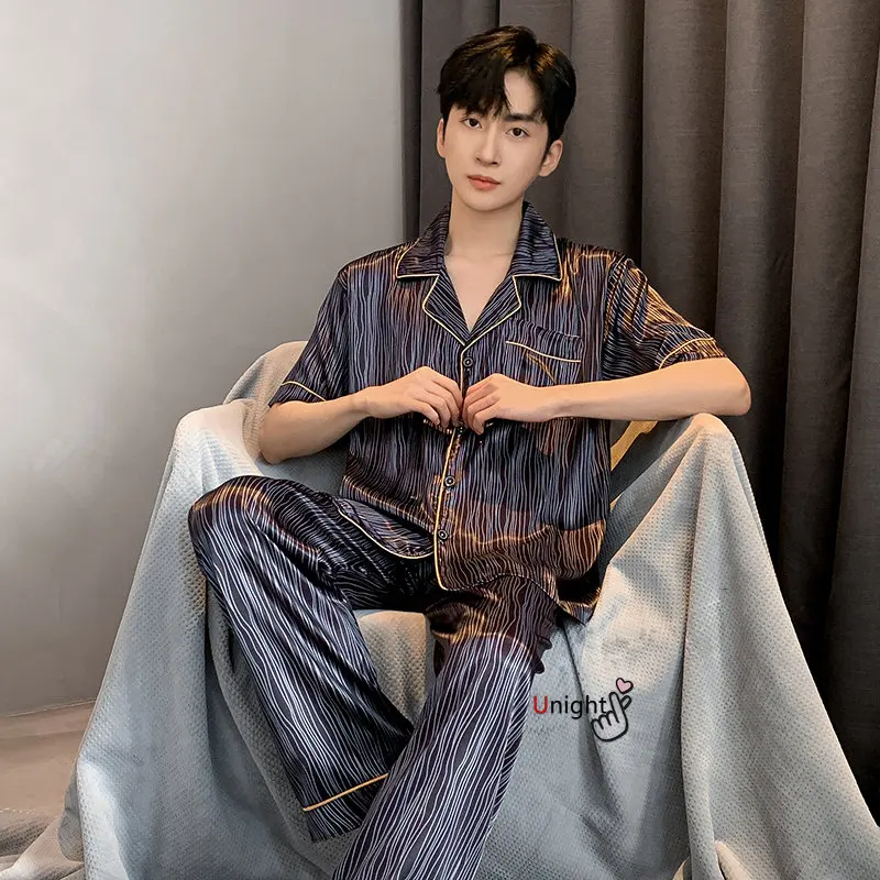 Spring Summer Man Pajama Sets Silk Sleepwear Pajamas for Men Plus Size Home Clothing Pyjamas Suit Home Wear Loungewear Homesuits