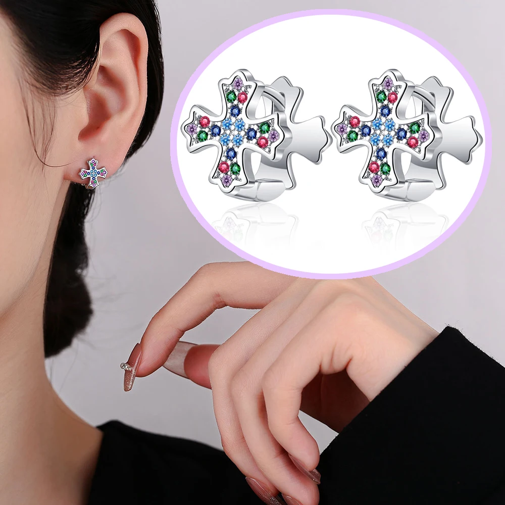 

Colorful Zircon Encrusted Cross Earrings for Women 1 Pair Cool Ear Studs Fashion Double Sided Accessory