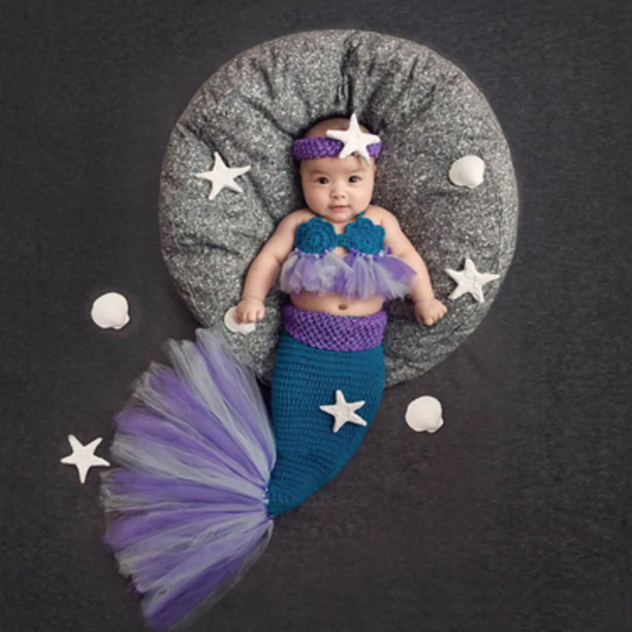 

Newborn Baby Girl Knitted Mermaid Costumes Tutu Mesh Lace Childlike Tail Clothing Bebe Photography Props Starfish Headband