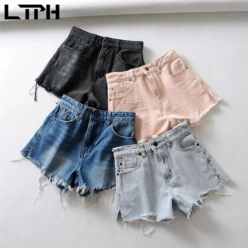 LTPH korean fashion ins denim shorts women high waist side slits vintage do old burrs jeans casual streetwear 2023 autumn new