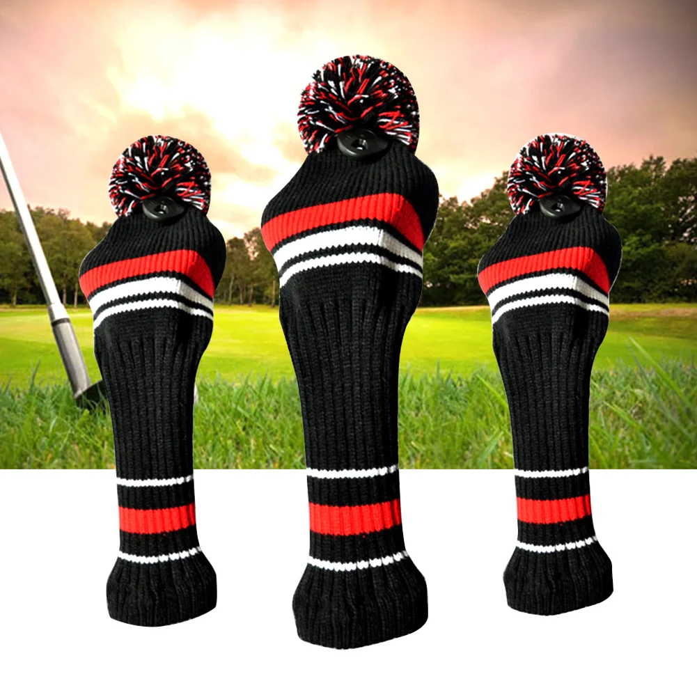 

3pcs Protective Knitted Soft Dustproof Anti Scratch Golf Headcover Set Big Pom Pom Washable Golf Accessories Sports Long Neck