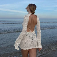 women knitted cutout mini dress long sleeve round neck backless patchwork casual club party beach bodycon dress