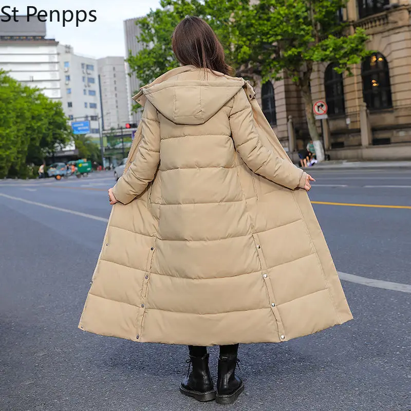 Новинка 2022 длинное зимнее пуховое пальто с капюшоном из хлопка женские