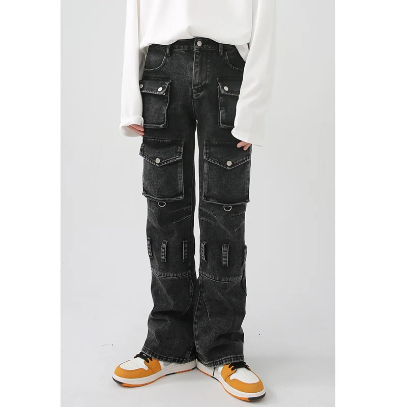 Streetwear Men 2022 New Pattern Recreational  Straight Cylinder  Black Jeans Multiple Pockets Loose  Cargo Pants Autumn Female