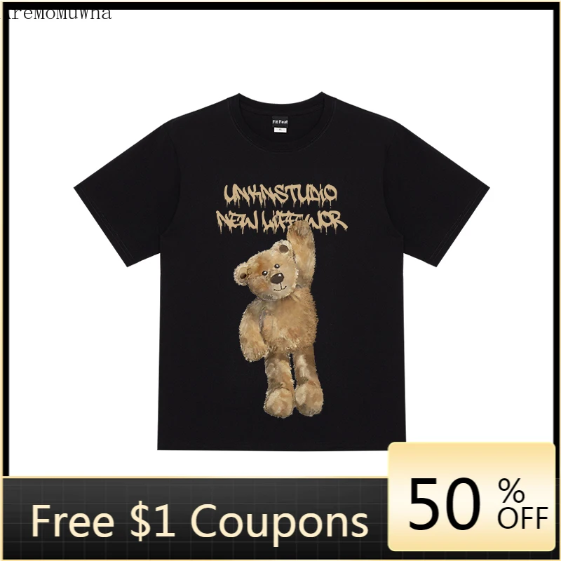 

2021 Summer Ins Trend Bear Print Round Neck Short-sleeved T-shirt Men and Women Couple Street Hip-hop Tide Brand T Shirt Women