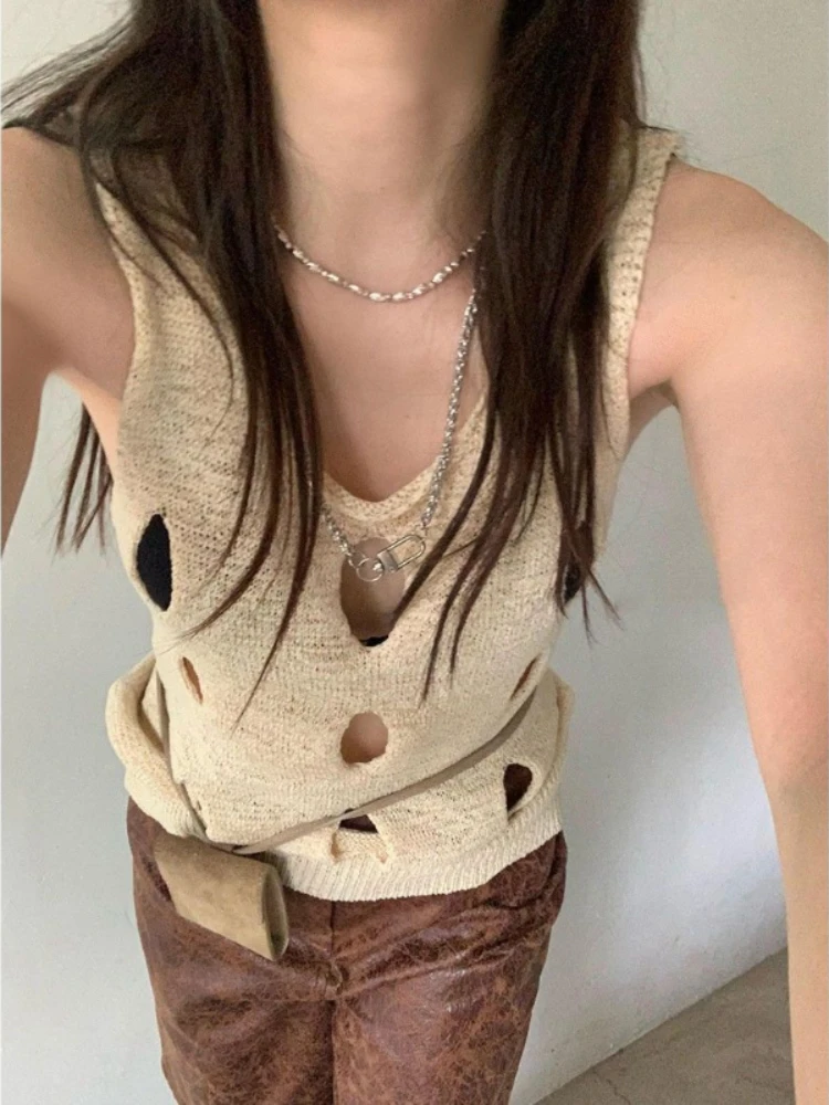 

Deeptown Y2K Knitted Tank Tops Women Harajuku Sexy Hollow Out Hole Sleeveless Tops Summer Retro Solid Vest Streetwear Korean