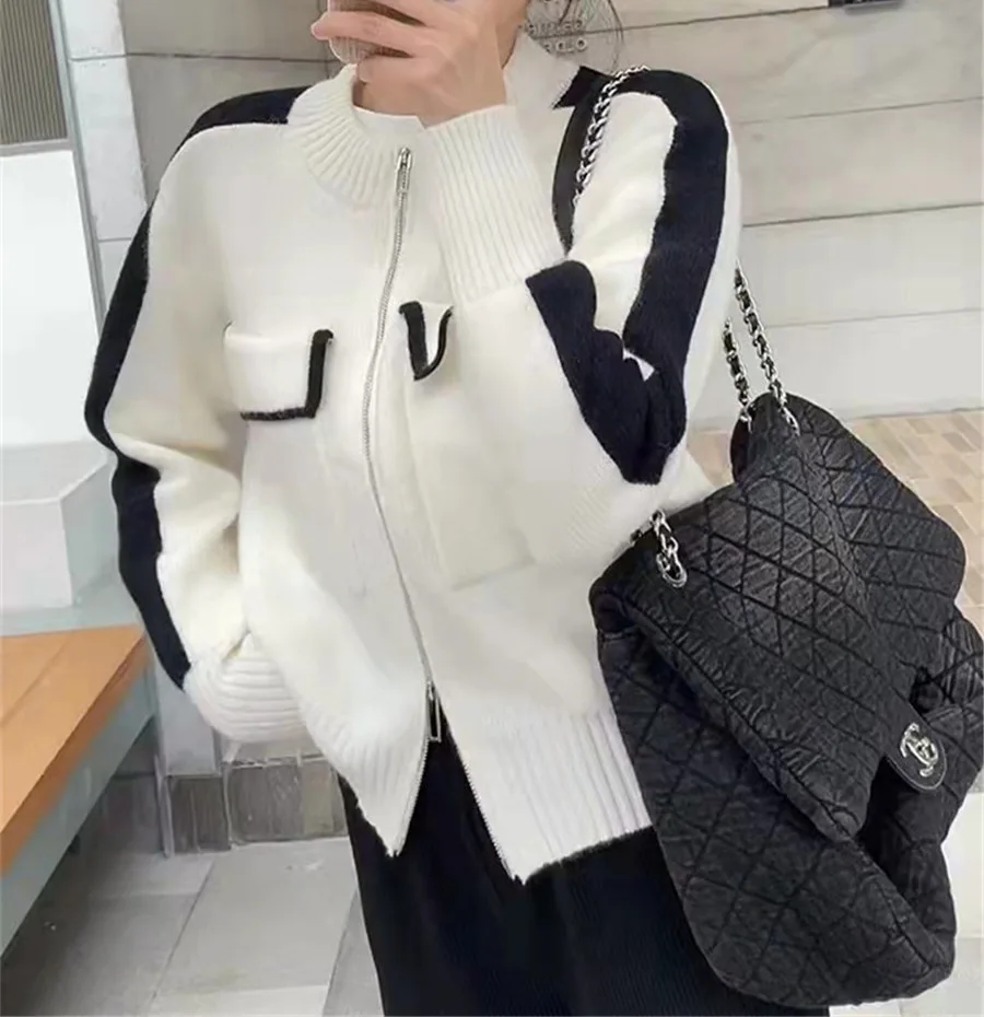 

SuperAen свитер с двойными карманами для женщин, двойная молния, Толстая куртка, топ, новый корейский контрастный вязаный кардиган