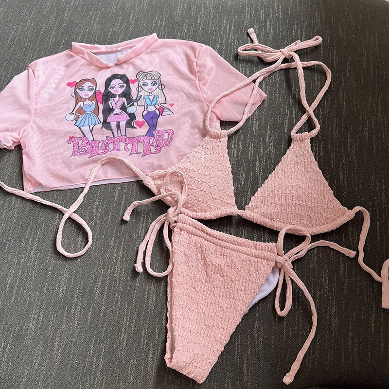 

Pink 3Pcs Sexy Bikinis Swimsuits Women's Swimwear Push Up Female Swimming Wear Bathing Suits Brazilian Bikini Beach Pool Bather