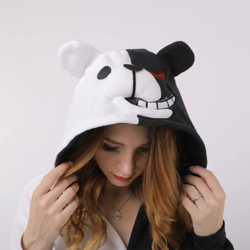 Unisex Winter Cartoon Animal One-Piece Jumpsuit With Pockets Polyester Warm  Loose White And Black Cosplay Pajamas With A Hat