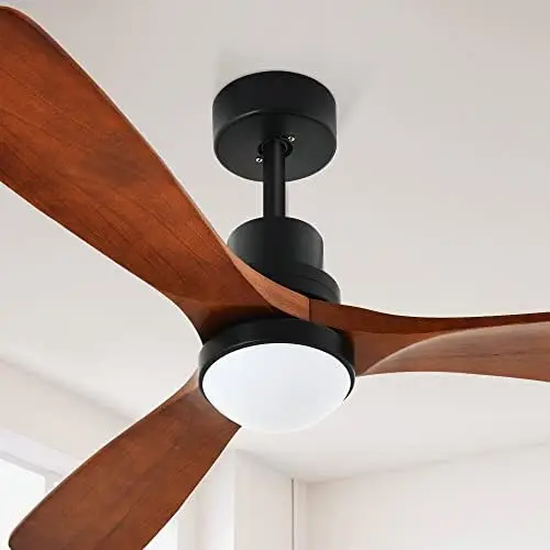 

52" Ceiling Fan with Lights and Wall Switch Remote, Industrial Wood Fan with Quiet Reversible 6 Speeds Motor, Dimmable LED 3