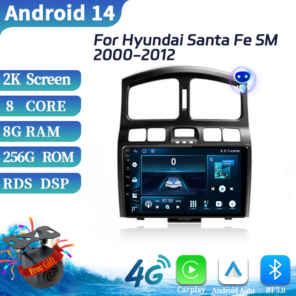 Автомобильный радиоприемник мультимедийное видео GPS для Hyundai Santa Fe SM 2000-2012 Android 14