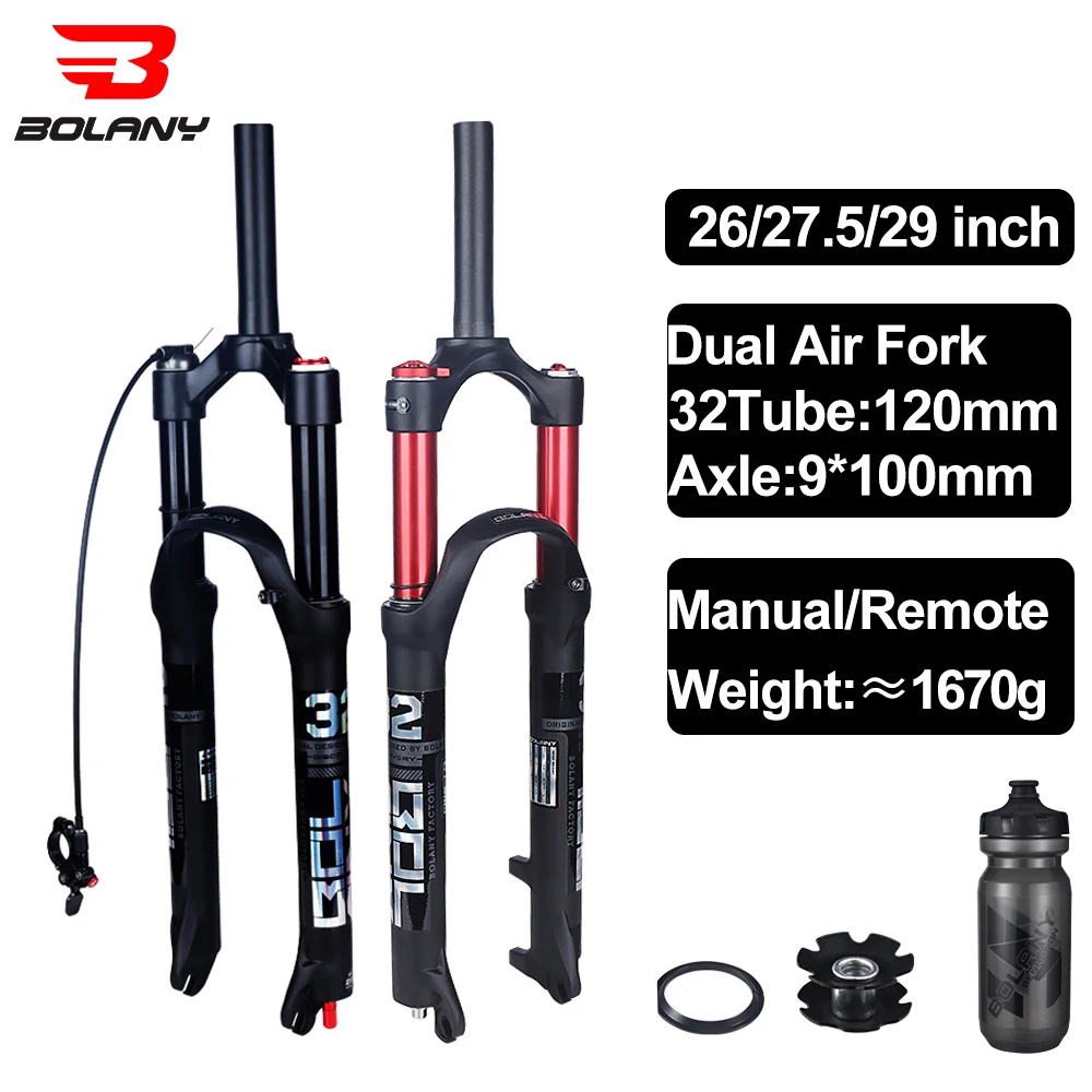 

Bolany Aluminum Alloy Double Shoulder Double Air Chamber Fork 26/27.5/29 Inch MTB Supension 100mm Fork For Bicycle Accessories