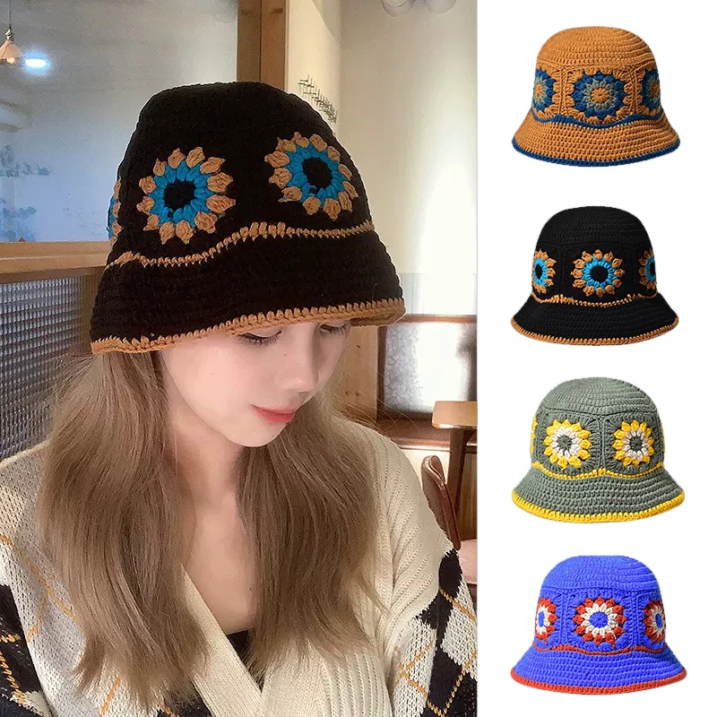 

Панама женская вязаная с цветами, на осень и зиму, 2022