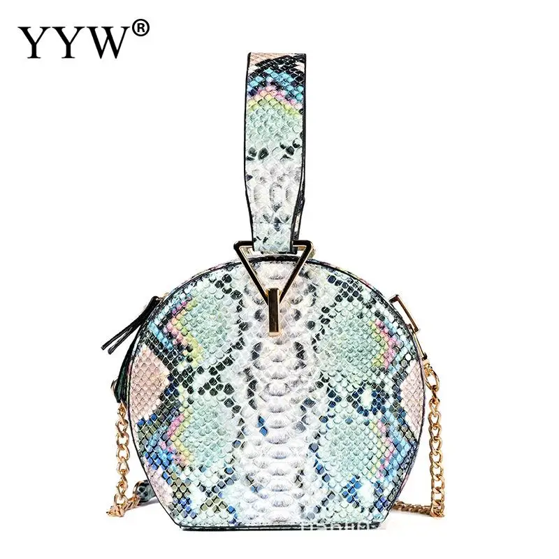 Vintage Round Snakeskin PU Women Shoulder Bag Designer Chain Female Crossbody Messenger Bags Ladies Small Circle Purses 2023