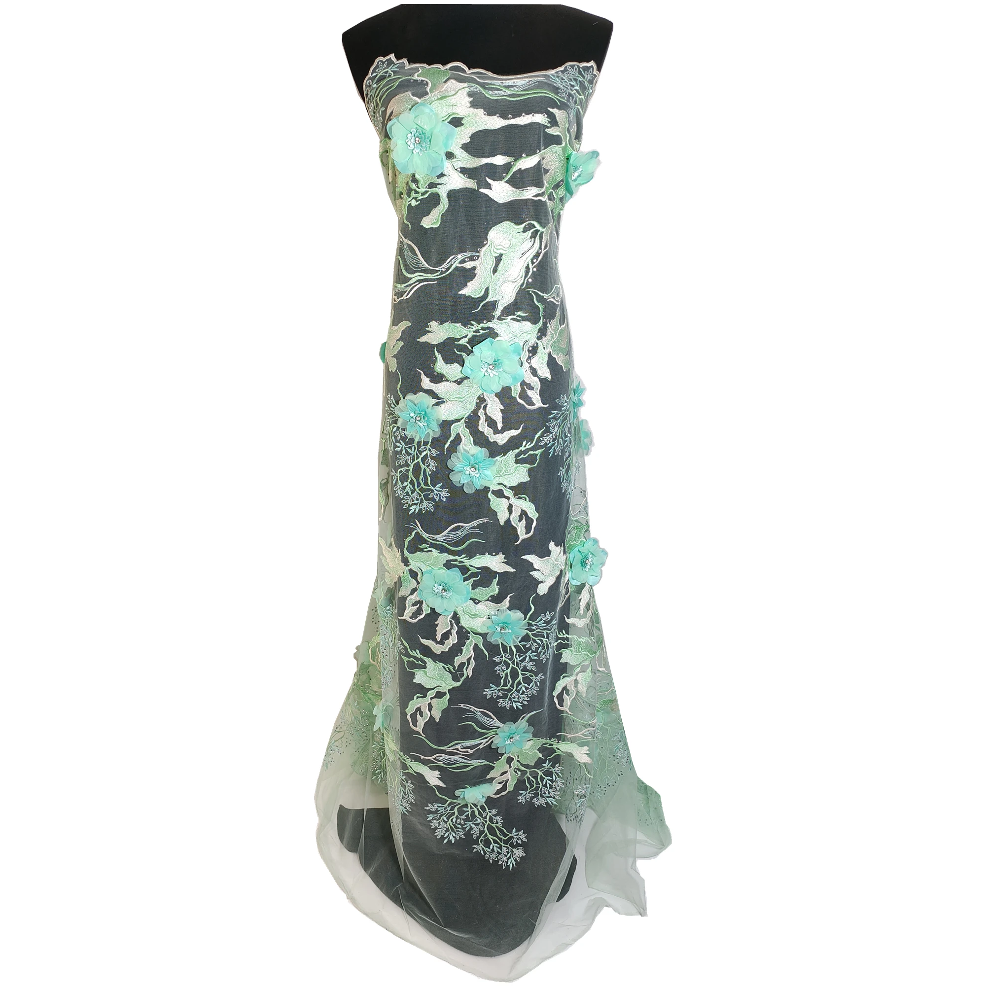 

Off White Bridal Lace Fabric Designer French Lace 3D Applique Flowers Fabric Dress with Beads Rhinestones Garment For Wedding