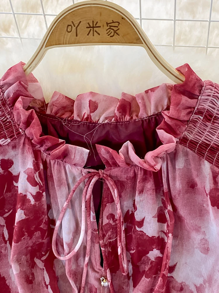 Женское винтажное платье макси с воланом длинное принтом воротником-стойкой и