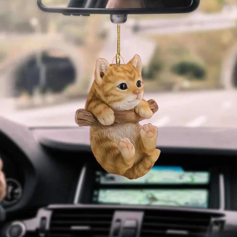 

2D Cute Cat Puppy Car Rearview Mirror Hanging Kitten Dog Simulation Model Creative Animal Acrylic Pendant Kid Toy Gift Car Decor