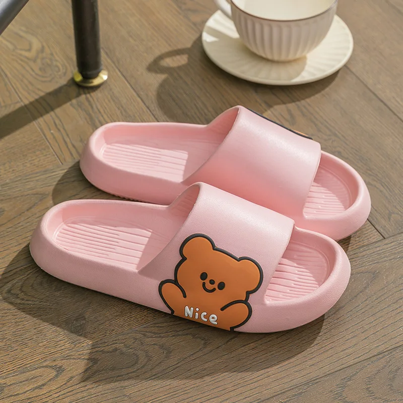 Summer Slippers Woman Indoor Bathroom Sandals Fashion Thick Non-Slip Shoes Couples Cartoon Bear Beach Flip Flops Men Slippers