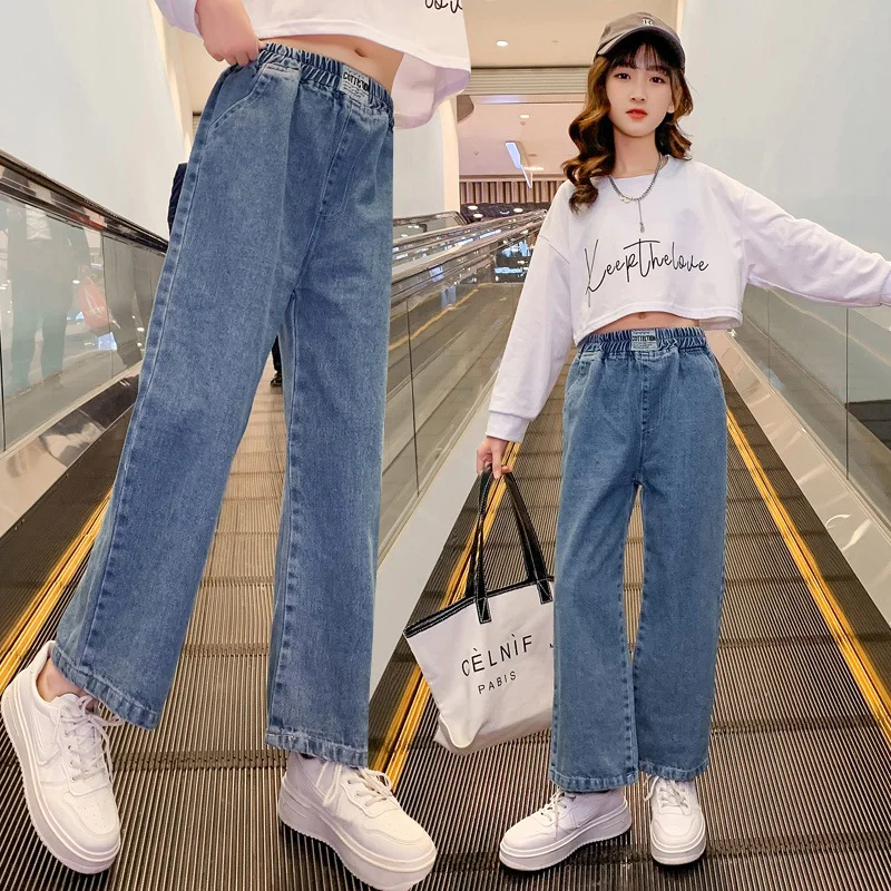 Купи Kids Girls Jeans Fashion Spring Autumn Children Girls Loose Straight Wide Leg Pants School Kids High Waist Denim Trousers 2022 за 1,051 рублей в магазине AliExpress