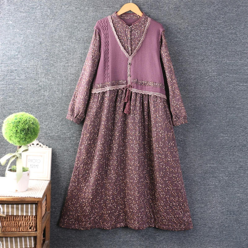 

Autumn New Knitting Patchwork Floral Dress Women Long Sleeve Midi Dress XYF0828
