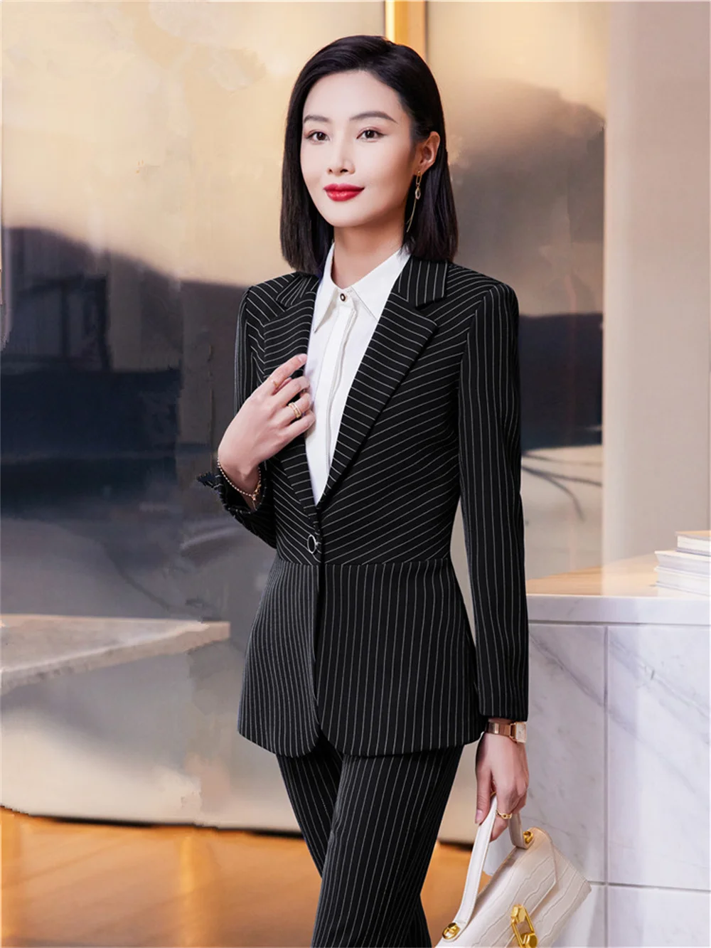 Elegant Women Pant Suit 2023 New in Blue Blazer + Trousers Long Sleeve Striped Suit Formal Office Lady Business 2 Piece Set