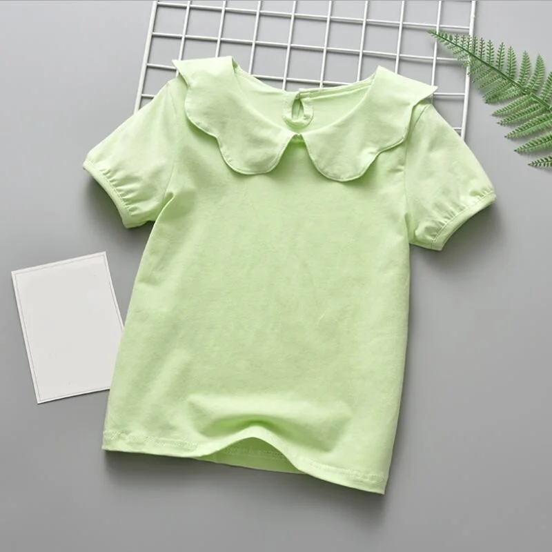 Summer Girls T-shirts Short Sleeve Cotton T Shirt Peter Pan Collar Baby Toddler Girl Blouse Shirt Kids Tops Children's Clothes