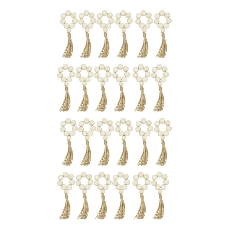 

24Pcs Wood Bead Napkin Rings With Tassels Rustic Farmhouse Wood Beads Garland Wall Hanging Decor Weddings Home Decor