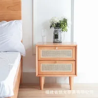 Japanese Nightstands Solid Wood Bedside Table Rattan Low Cabinet Corner Bedroom Drawers Apartment Locker Magazine Bookcase