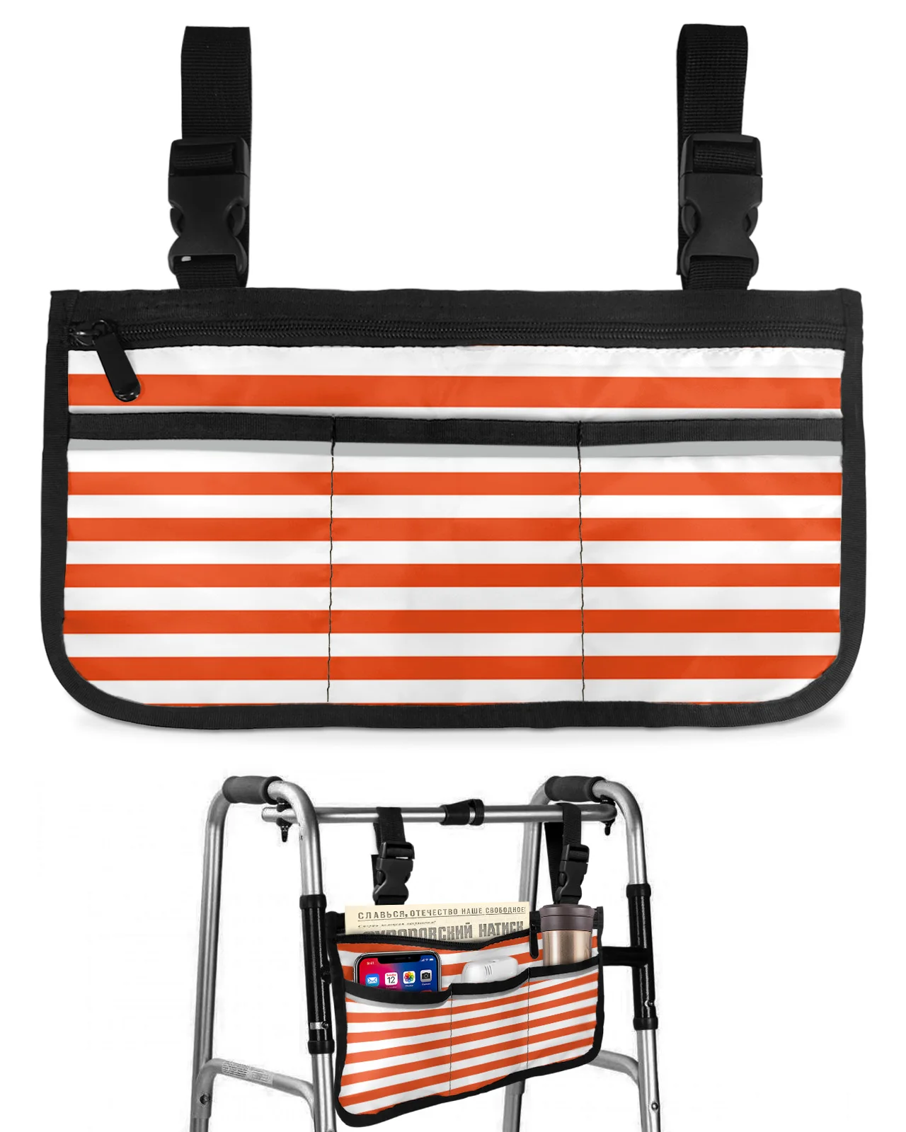 

Christmas Orange Stripe Wheelchair Bag With Pockets Armrest Side Bags Electric Scooter Walking Frame Storage Pouch
