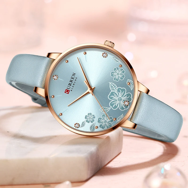 

2022 CURREN Лидирующий бренд часы женские кожаные кварцевые наручные часы дизайн часы для дам очаровательные цветы циферблат девушка браслет