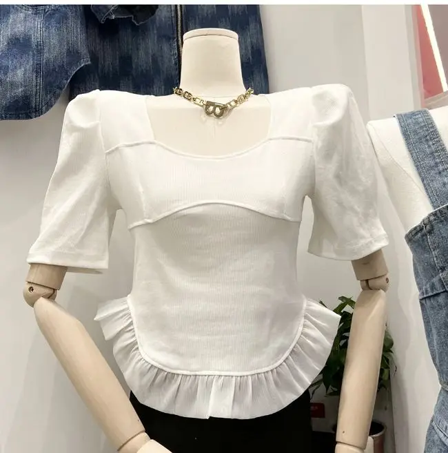 2023 summer design knitting stitching chiffon ruffle pullover bubble short sleeve shirt white top female  women t shirt